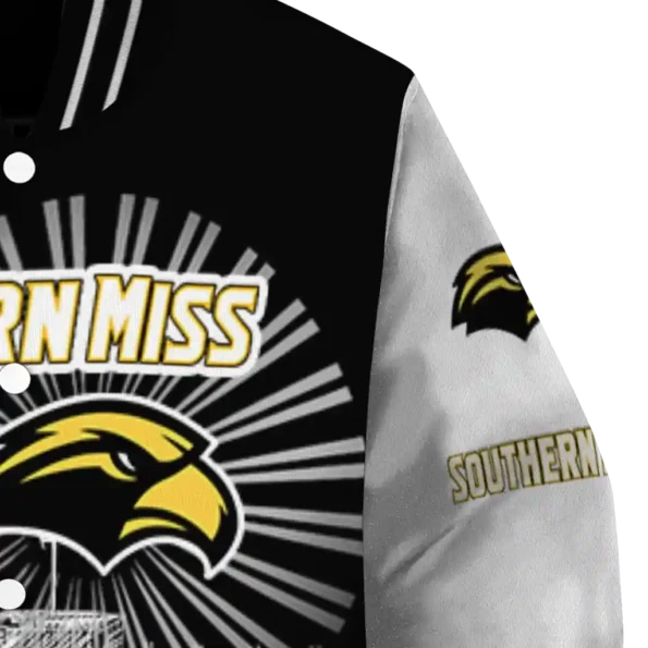 custom southern miss golden eagles ferris arena black white varsity jacket premium grade.webp