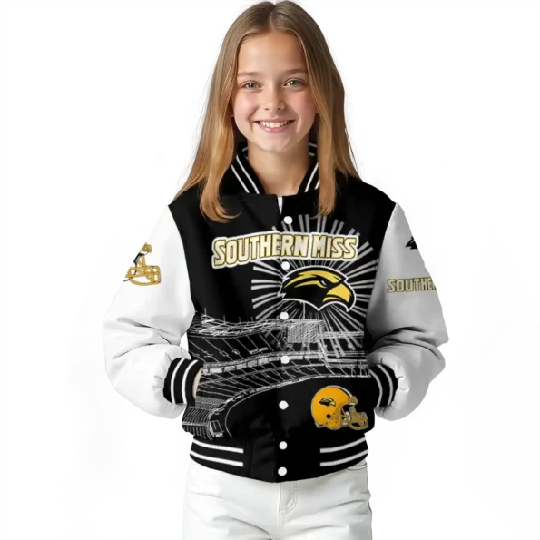 custom southern miss golden eagles ferris arena black white varsity jacket top rated.webp