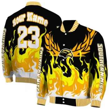 custom southern miss golden eagles winged blaze black white varsity jacket fashion forward.webp