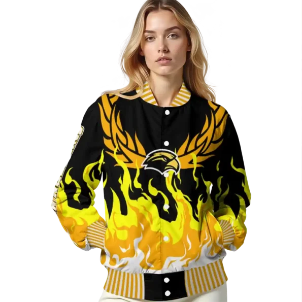 custom southern miss golden eagles winged blaze black white varsity jacket latest model.webp