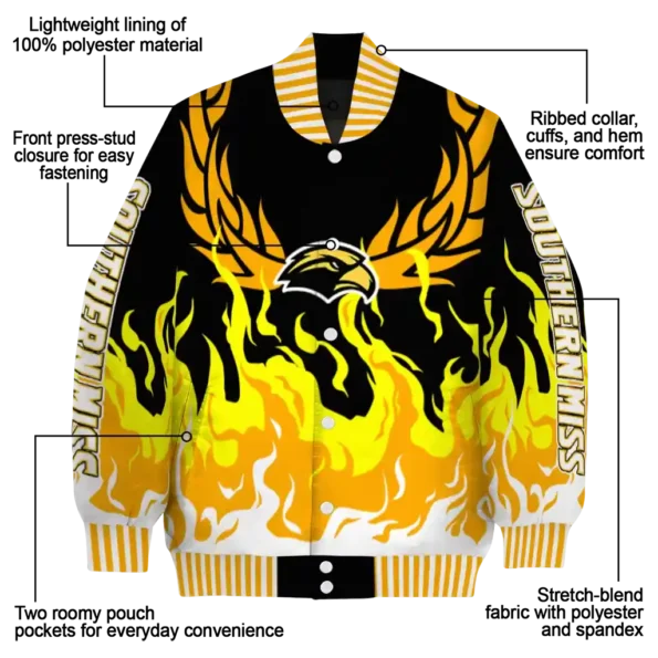 custom southern miss golden eagles winged blaze black white varsity jacket new arrival.webp