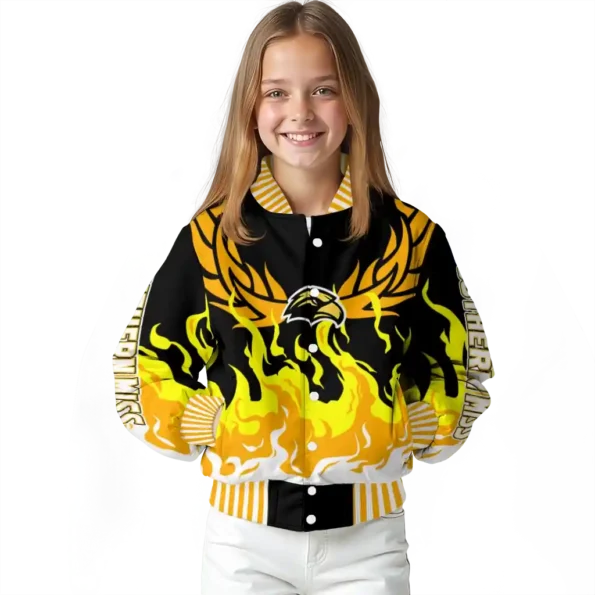 custom southern miss golden eagles winged blaze black white varsity jacket top rated.webp