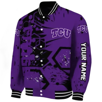 custom tcu horned frogs hexagon cluster purple black varsity jacket best selling.webp
