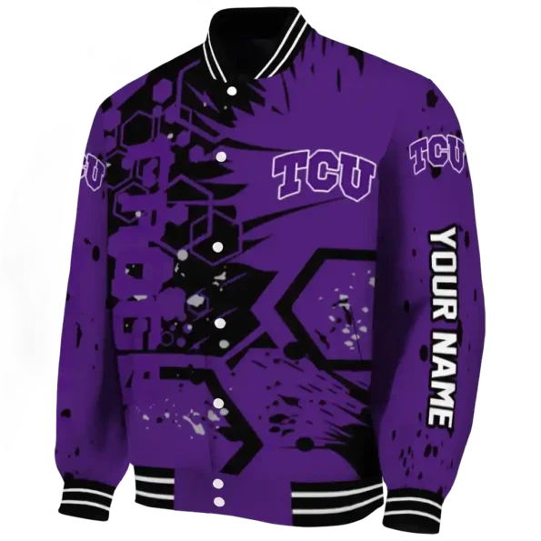 custom tcu horned frogs hexagon cluster purple black varsity jacket best selling.webp