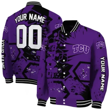 custom tcu horned frogs hexagon cluster purple black varsity jacket fashion forward.webp