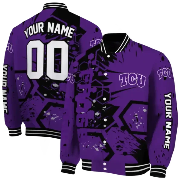 custom tcu horned frogs hexagon cluster purple black varsity jacket fashion forward.webp