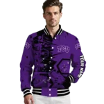 custom tcu horned frogs hexagon cluster purple black varsity jacket best selling.webp