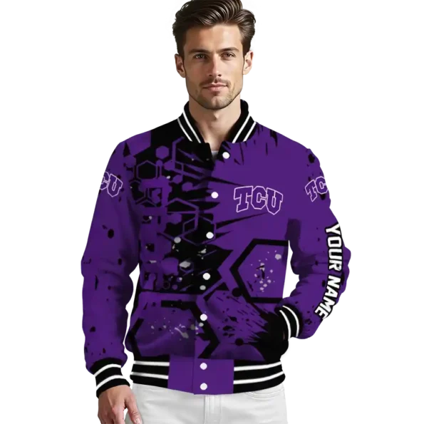 custom tcu horned frogs hexagon cluster purple black varsity jacket high quality.webp