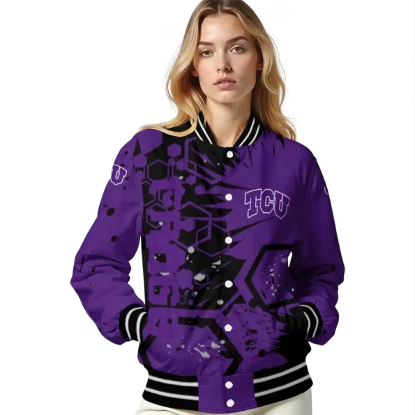 custom tcu horned frogs hexagon cluster purple black varsity jacket latest model.webp