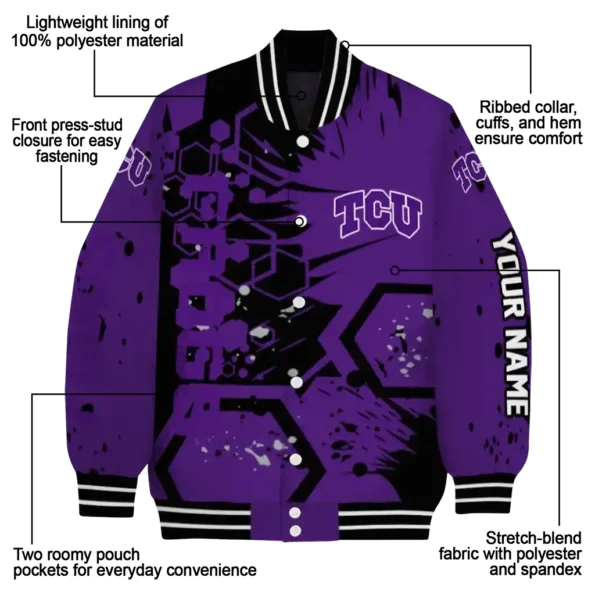 custom tcu horned frogs hexagon cluster purple black varsity jacket new arrival.webp