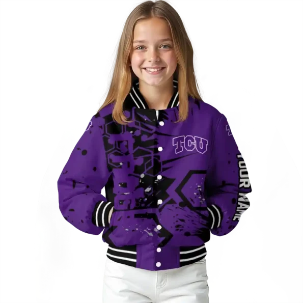 custom tcu horned frogs hexagon cluster purple black varsity jacket top rated.webp