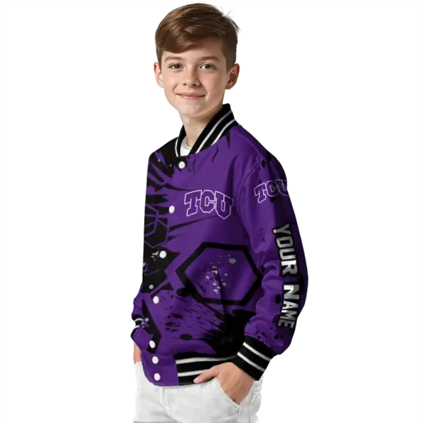 custom tcu horned frogs hexagon cluster purple black varsity jacket trendy.webp