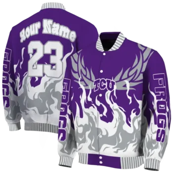 custom tcu horned frogs winged blaze purple white varsity jacket fashion forward.webp