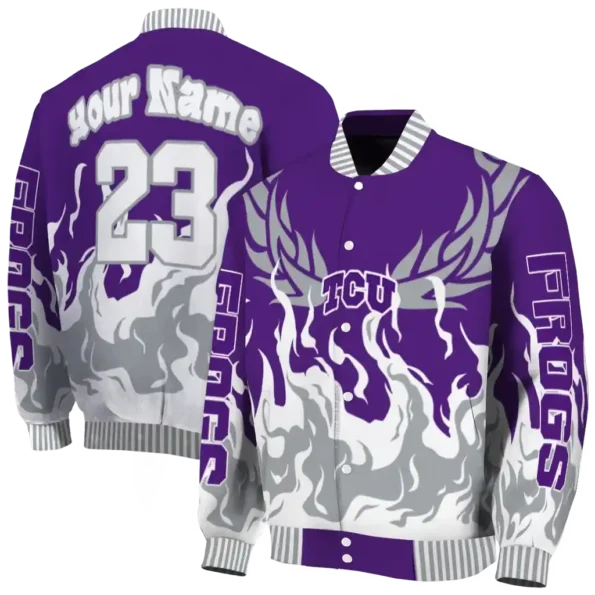 custom tcu horned frogs winged blaze purple white varsity jacket fashion forward.webp
