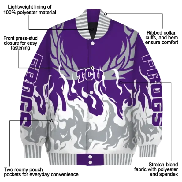 custom tcu horned frogs winged blaze purple white varsity jacket new arrival.webp