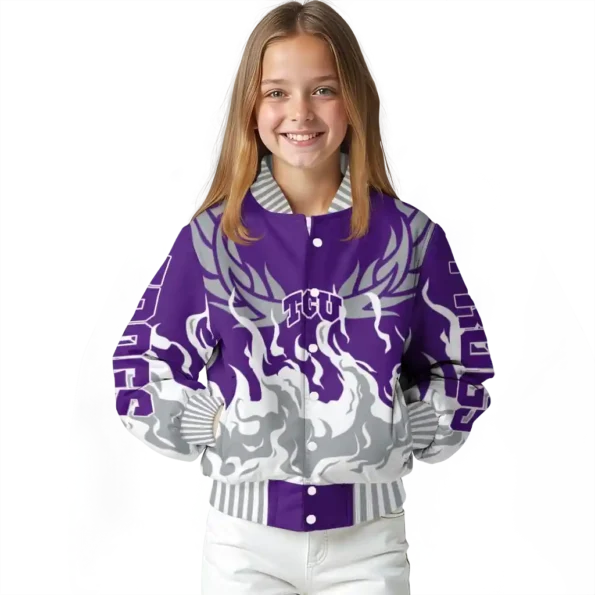 custom tcu horned frogs winged blaze purple white varsity jacket top rated.webp