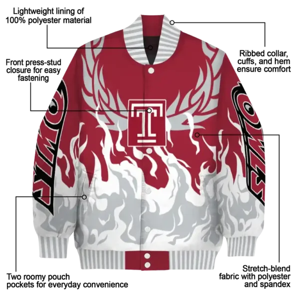 custom temple owls winged blaze red white varsity jacket new arrival.webp