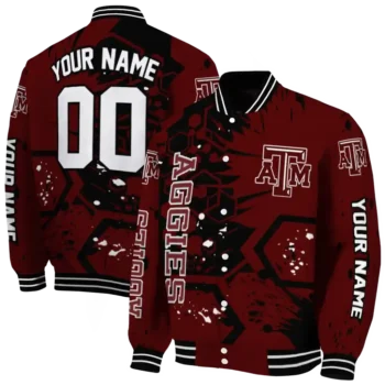 custom texas am aggies hexagon cluster maroon black varsity jacket fashion forward.webp