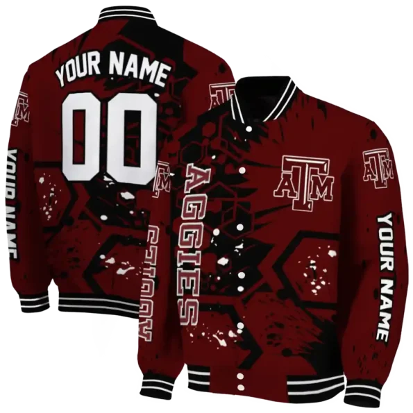 custom texas am aggies hexagon cluster maroon black varsity jacket fashion forward.webp