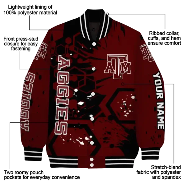 custom texas am aggies hexagon cluster maroon black varsity jacket new arrival.webp
