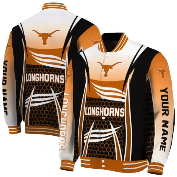 custom texas longhorns mesh effect orange black varsity jacket fashion forward.webp