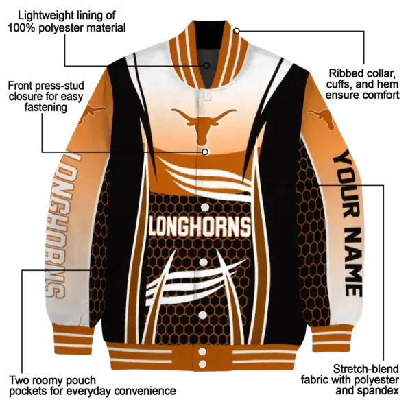 custom texas longhorns mesh effect orange black varsity jacket new arrival.webp