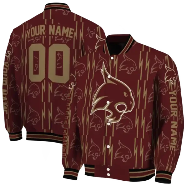 custom texas state bobcats bolt stripe maroon varsity jacket fashion forward.webp