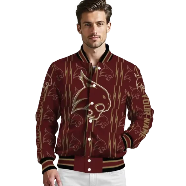 custom texas state bobcats bolt stripe maroon varsity jacket high quality.webp