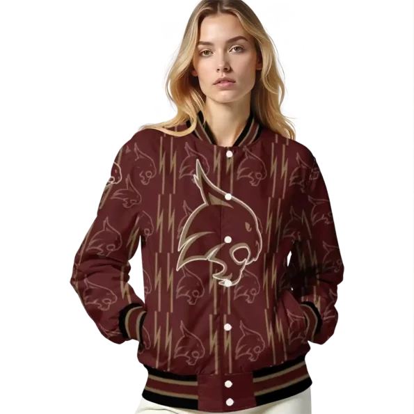 custom texas state bobcats bolt stripe maroon varsity jacket latest model.webp