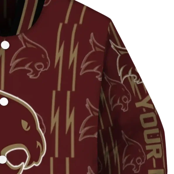 custom texas state bobcats bolt stripe maroon varsity jacket premium grade.webp