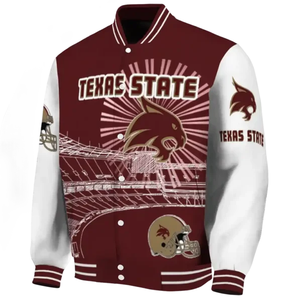 custom texas state bobcats ferris arena maroon white varsity jacket best selling.webp