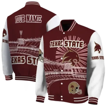 custom texas state bobcats ferris arena maroon white varsity jacket fashion forward.webp