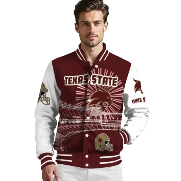custom texas state bobcats ferris arena maroon white varsity jacket high quality.webp