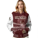 custom texas state bobcats ferris arena maroon white varsity jacket best selling.webp