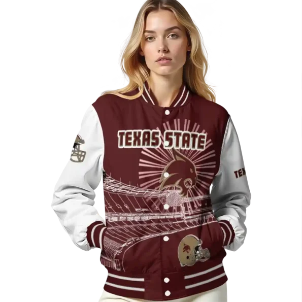 custom texas state bobcats ferris arena maroon white varsity jacket latest model.webp