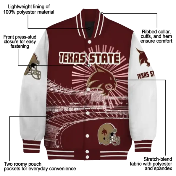 custom texas state bobcats ferris arena maroon white varsity jacket new arrival.webp