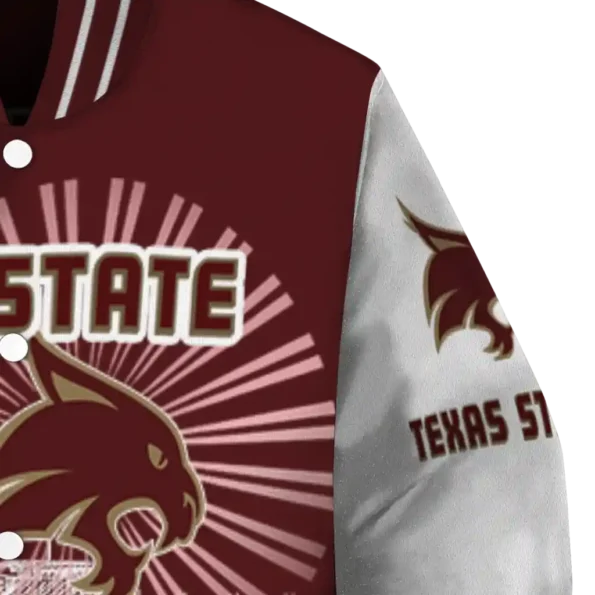 custom texas state bobcats ferris arena maroon white varsity jacket premium grade.webp
