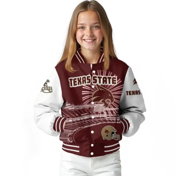 custom texas state bobcats ferris arena maroon white varsity jacket top rated.webp