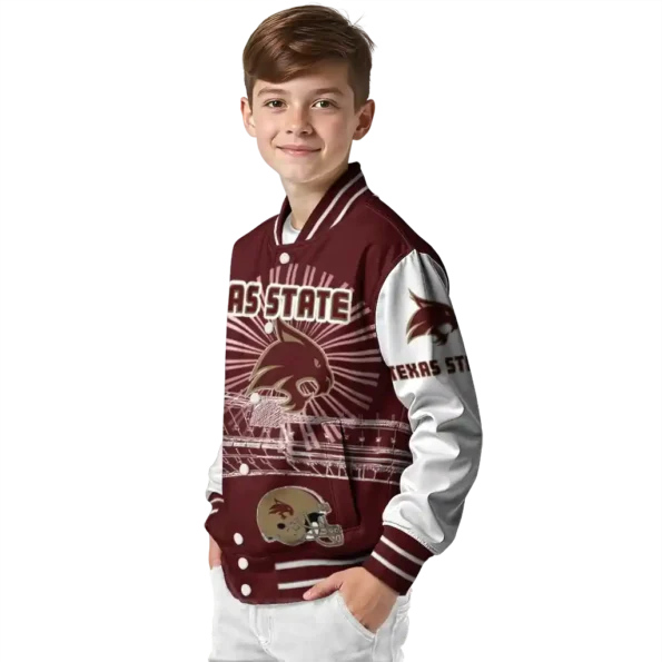 custom texas state bobcats ferris arena maroon white varsity jacket trendy.webp