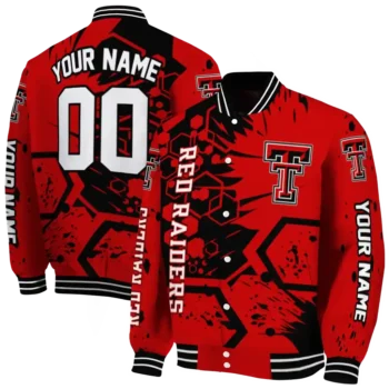 custom texas tech red raiders hexagon cluster red black varsity jacket fashion forward.webp