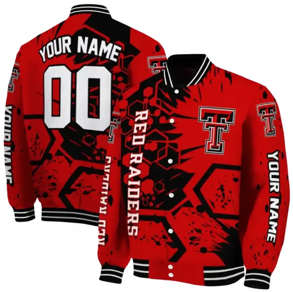 custom texas tech red raiders hexagon cluster red black varsity jacket fashion forward.webp