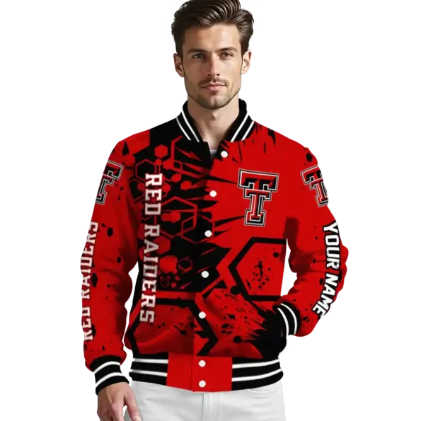 custom texas tech red raiders hexagon cluster red black varsity jacket high quality.webp