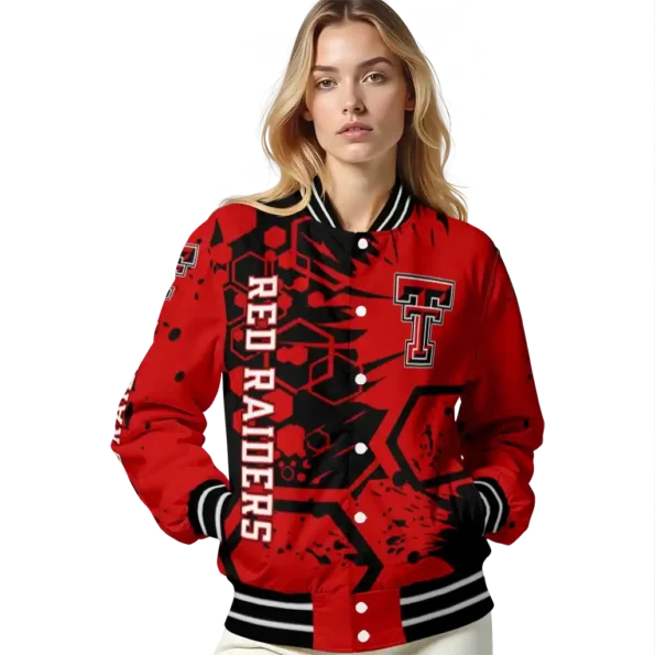custom texas tech red raiders hexagon cluster red black varsity jacket latest model.webp