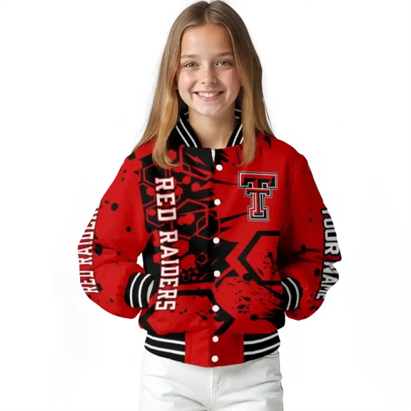 custom texas tech red raiders hexagon cluster red black varsity jacket top rated.webp