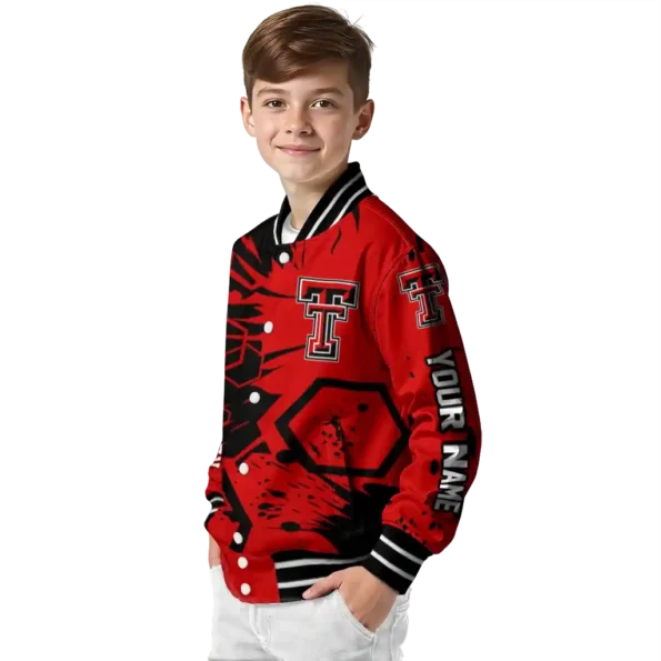 custom texas tech red raiders hexagon cluster red black varsity jacket trendy.webp