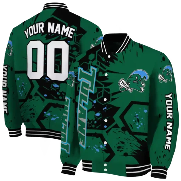 custom tulane green wave hexagon cluster green black varsity jacket fashion forward.webp
