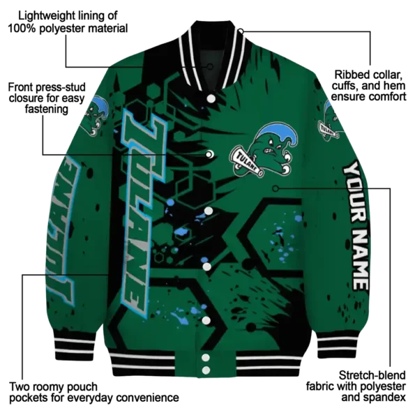 custom tulane green wave hexagon cluster green black varsity jacket new arrival.webp