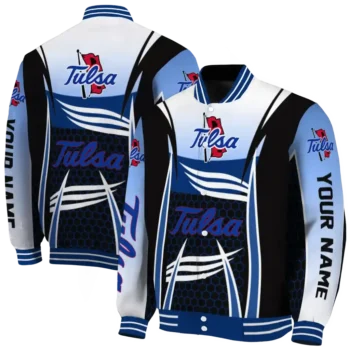 custom tulsa golden hurricane mesh effect blue black varsity jacket fashion forward.webp