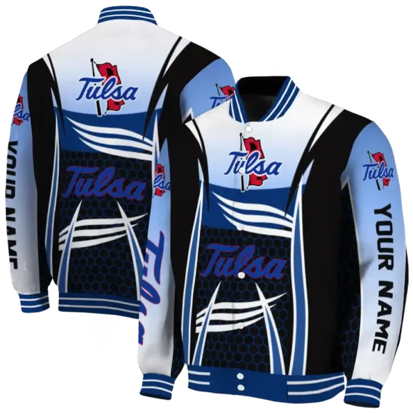 custom tulsa golden hurricane mesh effect blue black varsity jacket fashion forward.webp