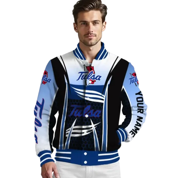 custom tulsa golden hurricane mesh effect blue black varsity jacket high quality.webp